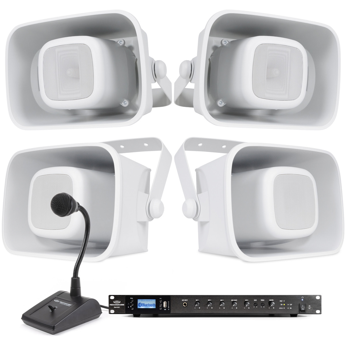 Outdoor Paging System with 70V Horn Speakers, Mixer Amp and Paging Mic
